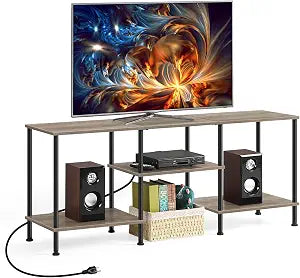 BTY Farmhouse TV Stand with Storage Industrial TV Console with Power Outlet, 45 Inch Wooden TV Entertainment Cente for Living Room, Bedroom, Small Space, Grey