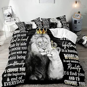 VIVIHOME 3PCS Lion King & Queen Bedding Set, African Safari Animal Black Bedding, Comforter Cover, Wedding Valentines Bedroom Decor for Couples, Romantic Lion Couple Gifts, I Choose You, 2 Pillowcases