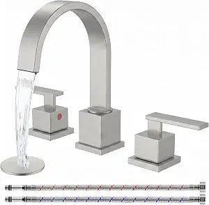 KINGO HOME 3 Hole Widespread Brushed Nickel Bathroom Faucet,Modern Waterfall 8 inch 2 Handle Bathroom Sink Faucet Vanity Bathroom Faucet for Sink 3 Hole with Pop Up Drain and Water Supply Lines