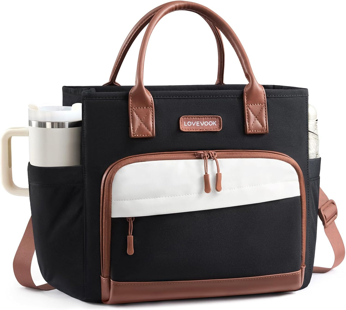 LOVEVOOK Lunch Box for Women,Adult Lunch Bag for Work,13L,Black-Beige-Brown