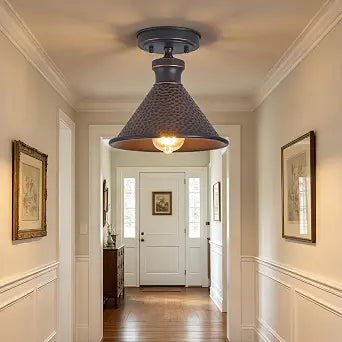 Tarentlight 9.2" Industrial Semi Flush Mount Ceiling Light,Vintage Hammered Pattern Cast Aluminum Shade,1-Light E26 Classic Lamp,Oil Rubbed Bronze Farmhouse Lighting for Hallway Kitchen Entryway.
