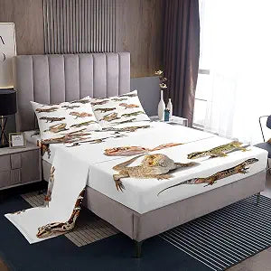 Feelyou Reptile Bed Sheets Leopard Gecko Sheet Set for Kids Boys Girls Primitive Wildlife Animals Lizard Bed Set Beige White Green Decor Sheets Room 4Pcs Full Size