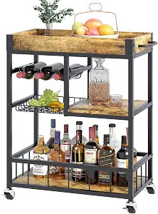 Bar Cart with Basket Wine Rack with Wheels Wood Metal Cart