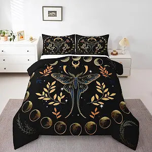 Castle Fairy Gothic Moth Comforter Set Twin Size,Bohemian Stars Moon Starry Galaxy Bedding Set for Kids Boys Men,Leaves Botanical Exotic Quilted Duvet Set with 1 Pillowcase