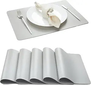 DOLOPL Faux Leather Placemats Set of 6, Heat Resistant Table mats - Anti Slip Table Place Mats, Washable Wipeable Outdoor Placemats for Kitchen Dining Room Table Decorations, Light Grey