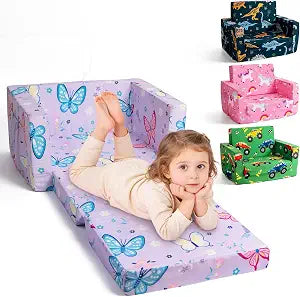 Toddler Couch, 2-in-1 Foldable Kids Comfy Chair & Lounger, Purple Butterfly