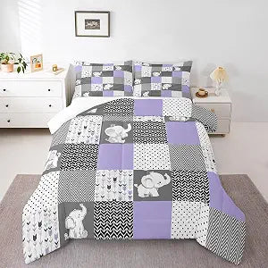 Homewish Lovely Elephant Comforter Set,Geometric Grid Stripes Bedding Set for Kids Girls Women,Adults Purple Gray White Comforter,Arrow Pattern Quilted Duvet Set Bedroom Collection Twin Size 2Pcs