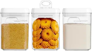 Felli Flip Tite Storage Container with Built-In Spoon & Airtight Lid 5 Large-M Ring Flip Top, Stackable Acrylic Canister for Sugar Flour Powder, Kitchen Pantry Organizer (1.8qt), 2 spoons