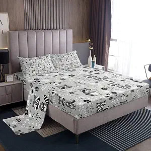 Erosebridal Full Size Raccoon Sheet Set Cartoon Animal Bed Sheets Set Botanical Flowers Woodland Theme Sheets for Kids Boys Girls Bedroom - Grey Black White Fitted Sheet + Top Sheet + 2 Pillowcases