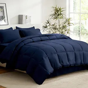 COZYART Queen Comforter Set 7 Pcs, Navy Bed in a Bag, All Season Lightweight Soft Reversible Bedding Set, 1 Comforter, 1 Flat Sheet, 1 Fitted Sheet, 2 Pillow Shams, 2 Pillowcases