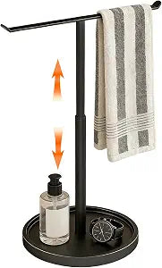 Hand Towel Holder Stand for Bathroom Countertop, Black T-Shape Towel Rack Free Standing, 16.5 Inch Adjustable Retractable, Stainless Steel Freestanding for Kitchen Bedroom Counter Organizer Waterproof