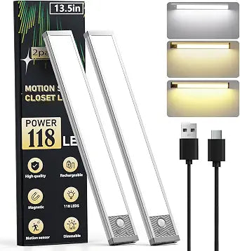 13.5Inch Under Cabinet Lighting, 3200mAh Under Cabinet Lights Motion Sensor 3 Color, Rechargeable 118LED Magnetic Light Bar Indoor,Wireless Battery Operated Closet Lights for Kitchen Home Stairs,2Pack