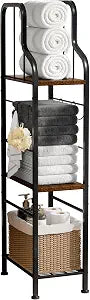 SWTYMIKI Narrow Towel Storage for Bathroom - 3-Tier Towel Rack Organizer with Wood Shelves, Freestanding Bathroom Rack, 60 lb Capacity with 4 S-Hooks for Small Bath, Laundry, Pool, Apartment
