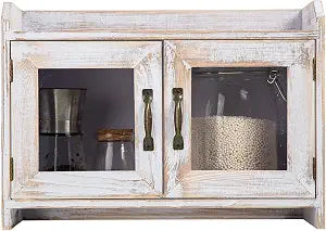 Rustic White Wood Counter Top Storage Cabinet Organizer Shelf Glass Window Doors Wooden Caddy Kitchen Bathroom Tabletop Vanity Chest Antique Farmhouse Style Mini Closet Box Rack Home