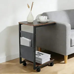 comfoyar C Shaped End Table with Wheels, Small Side Table for Couch with Storage Bag, Slide Under Sofa Side Table TV Trays with Metal Frame for Living Room, Bedroom, Office