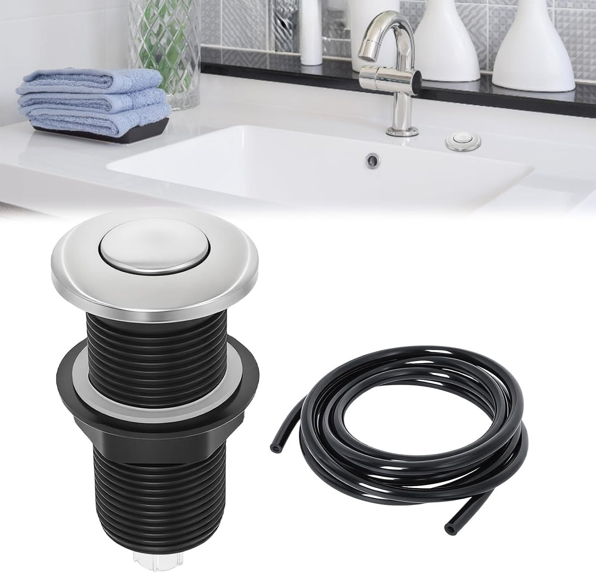 Garbage Disposal Air Switch Button with Hose, 304 Stainless Steel Top Cap