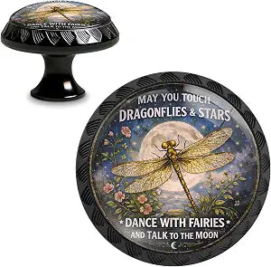 Yiruhe 4 Pack Vintage Dragonfly & Moon Inspirational Cabinet Knobs Pulls, Crystal Glass Round Drawer Dresser Knob for Home Dresser Kitchen Wardrobe Cupboard Door Handles