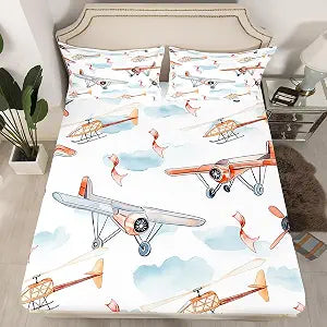 Erosebridal Airplane Fitted Sheet Twin Size, 2 Piece