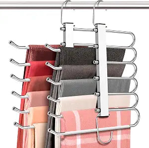 HUITEM 4 Pack 6-Tier Space Saving White Pant Hangers, Anti-Slip, Lightweight, Stainless Steel, Ideal for Closet Organization, Free Installation