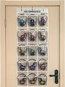 Classroom Headphone Storage Organizer, PVC Clear Pockets w/ Label Stickers