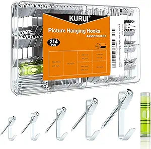 KURUI 214Pcs Picture Hanging Hooks, Renter Friendly Picture Hanging Kit with Heavy Duty Picture Hangers and Hardware Nails, for Frame, Painting, Art and Photo, on Drywall,Plaster, and Wood Wall