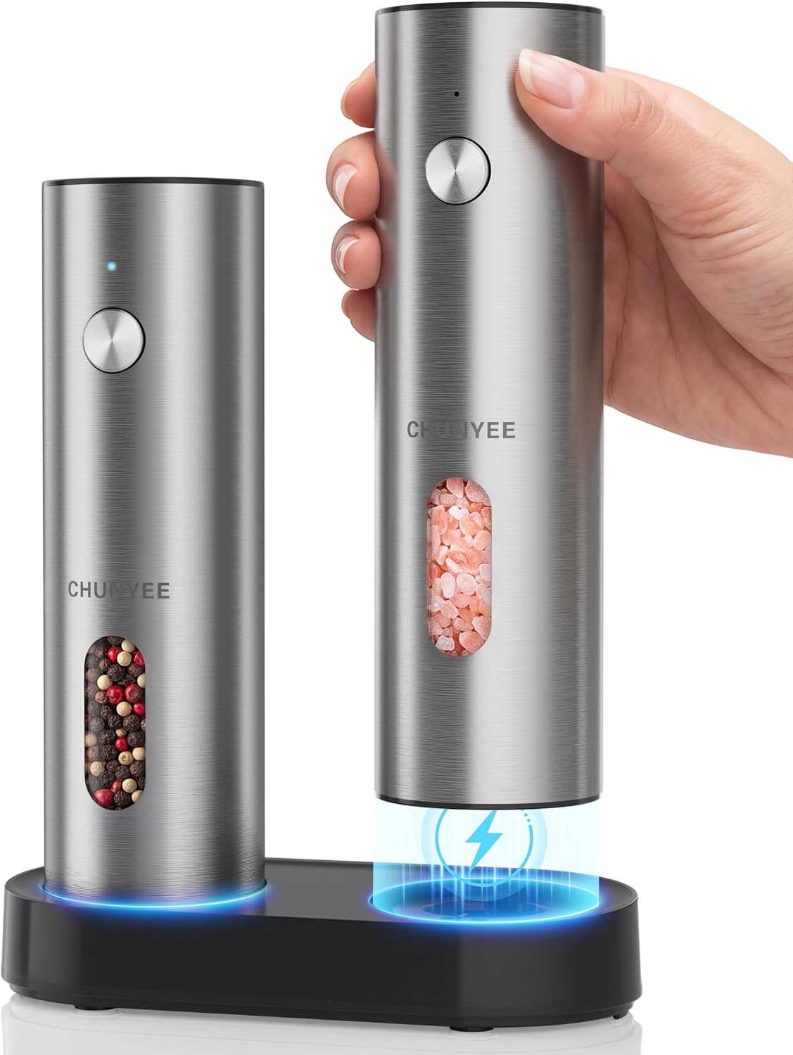 Rechargeable Electric Salt and Pepper Grinder Set with Charging Base,Large Capacity Refillable Salt and Pepper Mill with Adjustable Coarseness LED Light Ideal for Kitchen, Outdoor, BBQ & Gift Giving