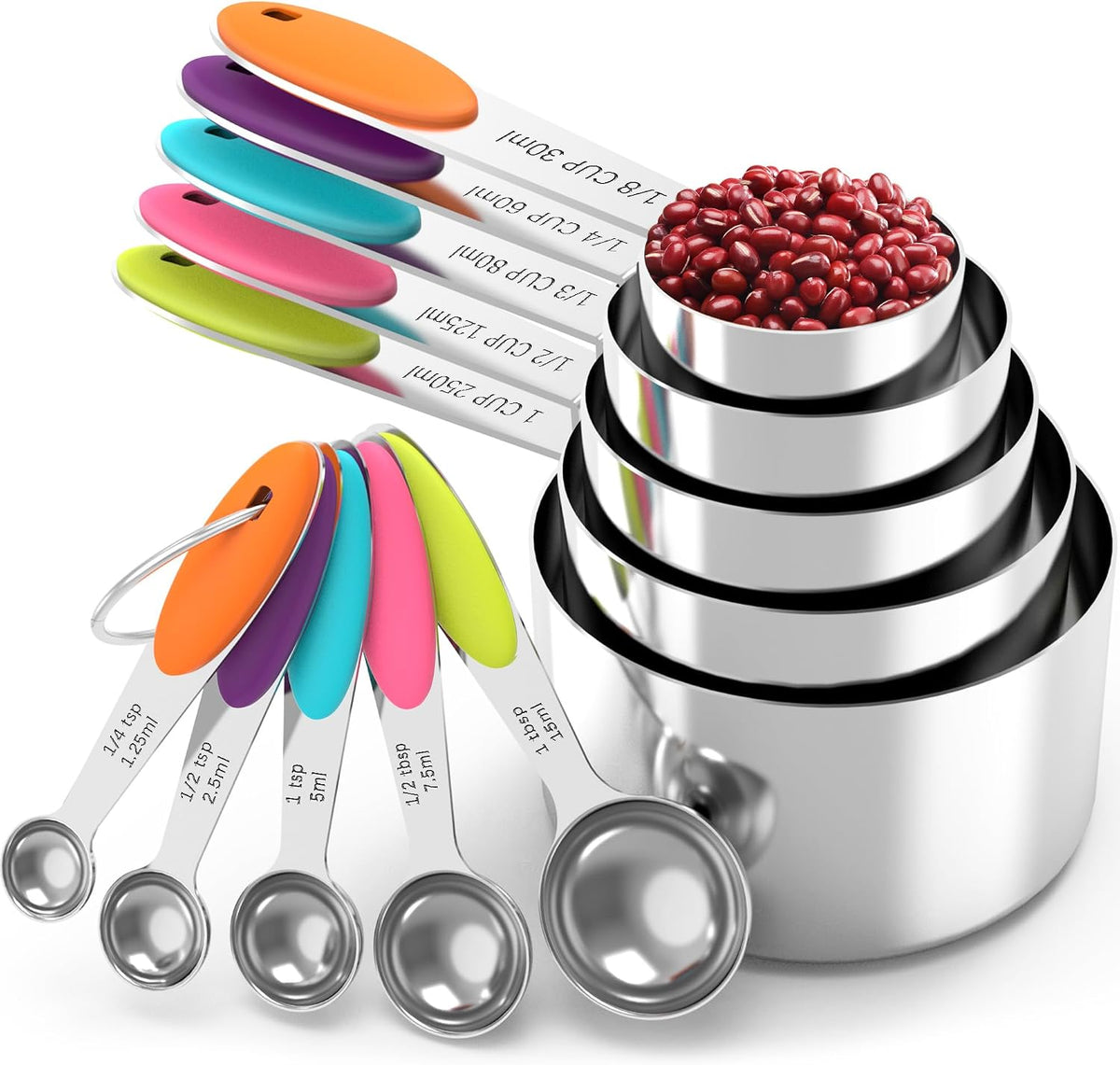 TILUCK Nesting Measuring Cups and Spoons Set, Stainless Steel with Soft Silicone Handle - Heavy Duty & Dishwasher Safe for Measuring Dry/Liquid Ingredients, Ideal for Cooking & Baking (10)
