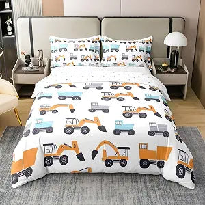 Manfei Truck 100% Cotton Duvet Cover Set Full Size, Excavator Transport Vehicle Bedding Set 3pcs, Construction Car Print Quilt Cover, Kids Boys Teen Room Decor, 2 Pillowcases, No Comforter