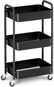 CAXXA 3-Tier Rolling Metal Storage Organizer - Mobile Utility Cart, Kitchen Cart with Caster Wheels (Black)