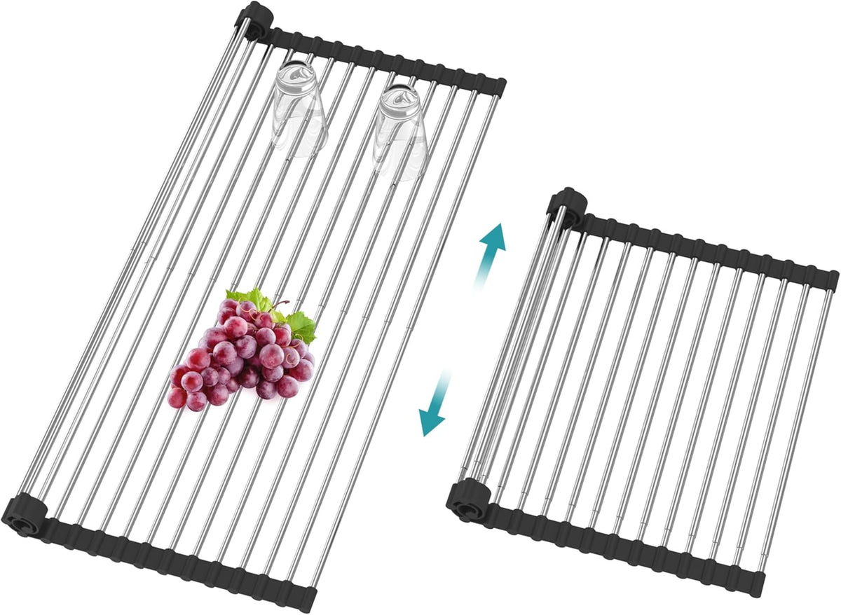 Extra Large Expandable Roll Up Dish Drying Rack,Over The Sink Drying Rack Sink Cover Kitchen Sink Accessories Kitchen Rolling up Stainless Steel Drainer, Foldable,Rollableï¼ˆBlackï¼Œ22.8''-12.4''ï¼‰