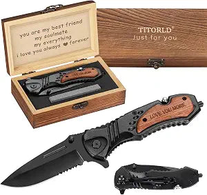Titorld Gifts for Men Dad Him Fathers Day, Anniversary Birthday Gifts ideas for Boyfriend Husband, Engraved Pocket Knife, Wooden Handle Folding Knife with Wood Box 7.8 Inch