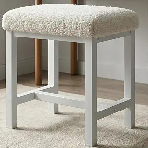 Small Faux Teddy Fur Vanity Stool, Cute Vanity Stools with Cushion, White Makeup Vanity Chair for Small Spaces, Living Room, Bedroom, Bathroom, Entryway, Ottoman Foot Rest for Couch Sillas Modern