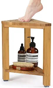 Teak Corner Shower Stool 15in, Wood Shower Bench Seat with Storage Shelf, Waterproof Shower Foot Stool for Shaving Legs, Ideal for Inside Shower or Bathroom