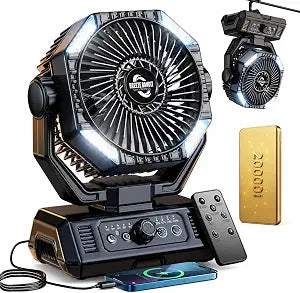 Rechargeable Camping Fan with 20000mAh Battery, 8-Speed Stepless Control, Remote, Auto Oscillating, Dual LED Light & Timer, Hanging Hook for Tent, Beach, Power Outage