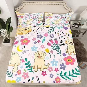 Erosebridal Floral Dog Fitted Sheet for Boys Girls Twin Pink Dog Bed Sheets Cartoon Animal Bed Set,Cute Botanical Golden Retriever Puppy Bedding Set with 1 Pillowcase,no Flat Sheet