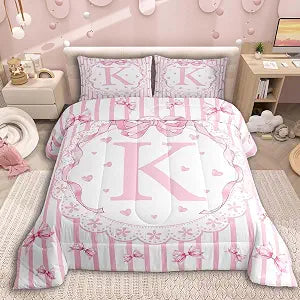 jejeloiu Cute Bowknot Comforter Set All Season Pink Initial K Bedding Set with 1 Pillow Cases Stripe Pattern Microfiber Kids Twin Bedclothes Bedroom Decor Duvet Quilt Breathable Soft Lightweight