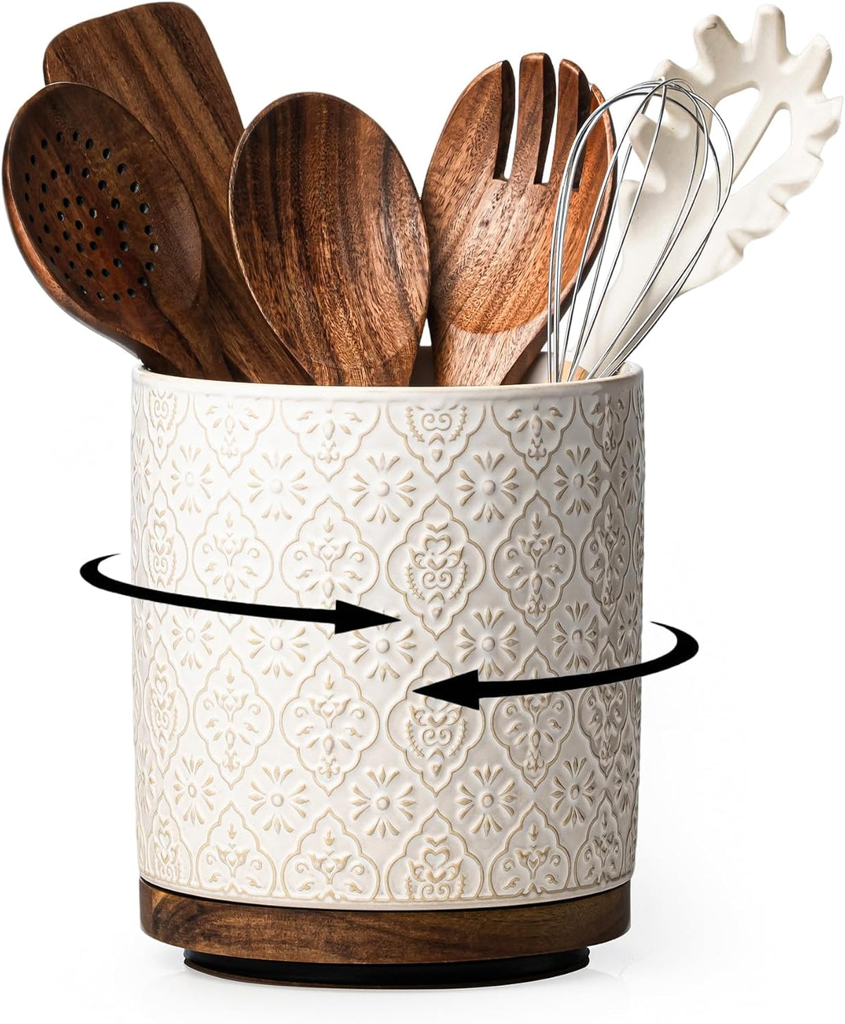 Kitchen Utensil Holder, 360 Rotating Extra Large Ceramic Utensil Holder with Embossed Pattern, 7.3'' Cooking Utensil Crocks for Kitchen Countertop, Home Decor, Off-White