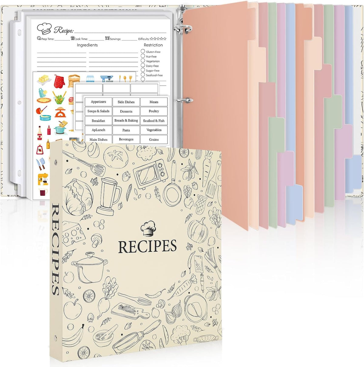 Recipe Binder with Plastic Sleeves, 8.5x11 Recipe Paper, Waterproof Cover