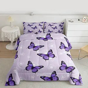 Feelyou Purple Butterfly Comforter Set Twin Size 3 Pcs for Kids Boys