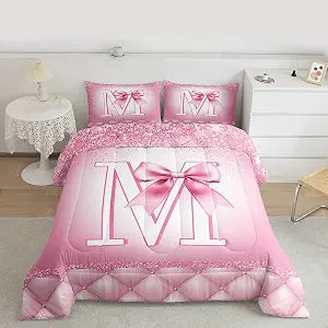 Feelyou Pink Bowknot Comforter Set Twin Size Initial Letter M Bedding Set