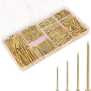 Gold Picture Hanging Nails Kit 650 Pcs - 4 Sizes Premium Galvanized Steel Wall Nails with Storage Box for Frames, Photos, Artworks