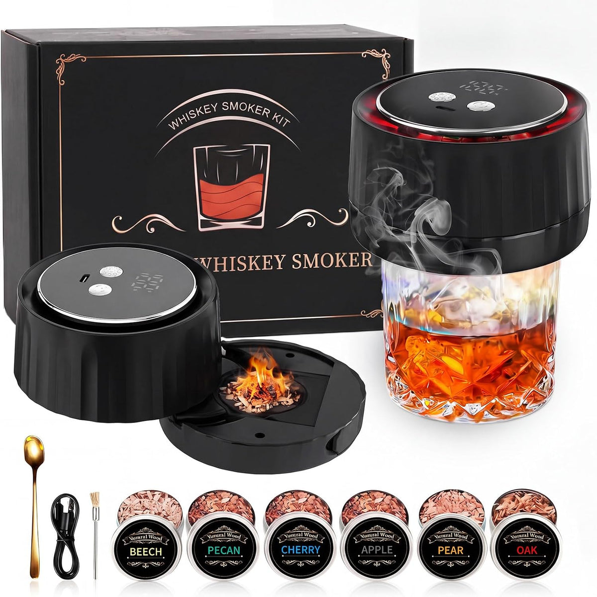 Electric Whiskey Smoker Kit with 6 Wood Chips - Whisky Gifts for Men