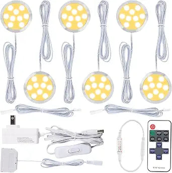 Book Case Accent Lighting Kit, Under Mounted Cabinet LED Puck Lights, 110 Volt Electric Plugged in Adapter, Remote Dimmable, 6-Way Octopus Parallel Connection, 6 Lights, Warm White