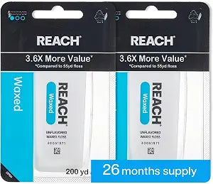 REACH Waxed Dental Floss, Unflavored, 3.6X More Value, Plaque Remover for Teeth, Shred Resistant, Floss Slides Smoothly, Easy to Use, Waxed, Oral Care, PFAS Free, for Adults & Kids, 2 Pack, 200 yd
