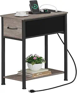 Vagusicc End Table with Charging Station, Narrow Side Table Nightstand with Fabric Drawer, Slim Nightstand for Bedroom, Small Bedside Table, Slim Sofa Side Table for Small Spaces, Greige