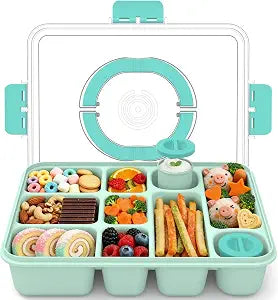 Snackle Box Container for Adults with 10 Compartment, Divided Serving Tray with Lid and Handle and 2 Sauce Containers, Portable Snack Box Container for Charcuterie Party Travel, Green
