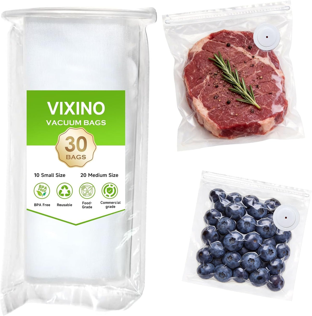 Vixino Vacuum Sealer Bags for Food, 30 Reusable BPA-Free Vacuum Seal Bags