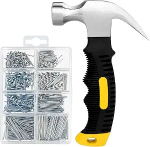KURUI 700PCs Nails Assortment Kit & 8oz Hammer, Small Hammer for Hanging Wall Art Decor, Picture Frame, 350 Roofing/Wall Nails & 350 Finishing Nail