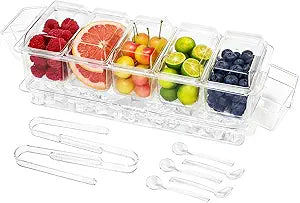 IVYHOME Chilled Condiment Server, Taco Bar Serving Set, Mimosa Bar Supplies, with 5 Lidded Containers and Detachable Ice Storage Layer, 2 Hanging Cups for Storing Tong or Forks