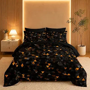 Nttopship Geometric Yellow Black Triangle Queen Size Comforter Set,Light Honeycomb Bedding Set 7 Piece in A Bag,Bed Sheet Set Geometry Decor,Microfiber Lightweight All Season